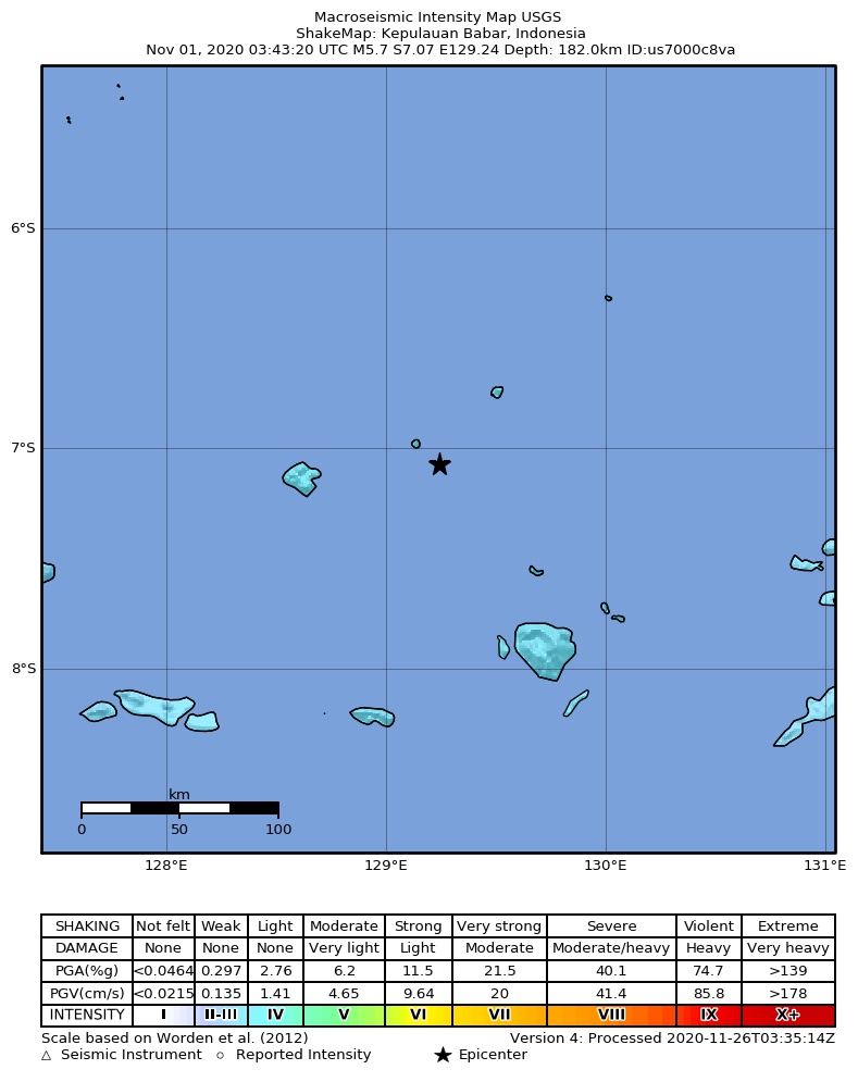 USGS ShakeMap intensity contours for the M5.7 earthquake near 294 km ENE of Lospalos, Timor Leste