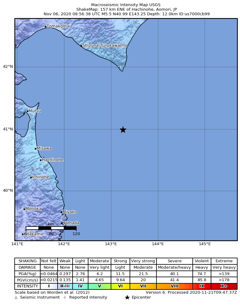 USGS ShakeMap intensity contours for the M5.5 earthquake near 157 km ENE of Hachinohe, Japan