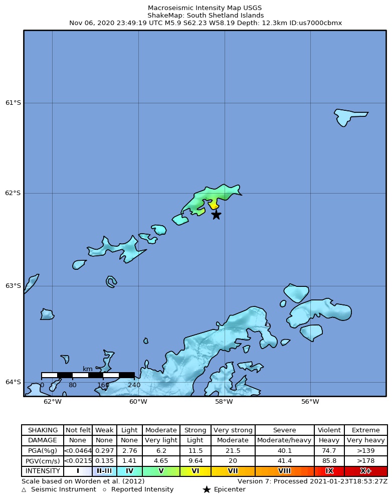 USGS ShakeMap intensity contours for the M5.9 earthquake near South Shetland Islands