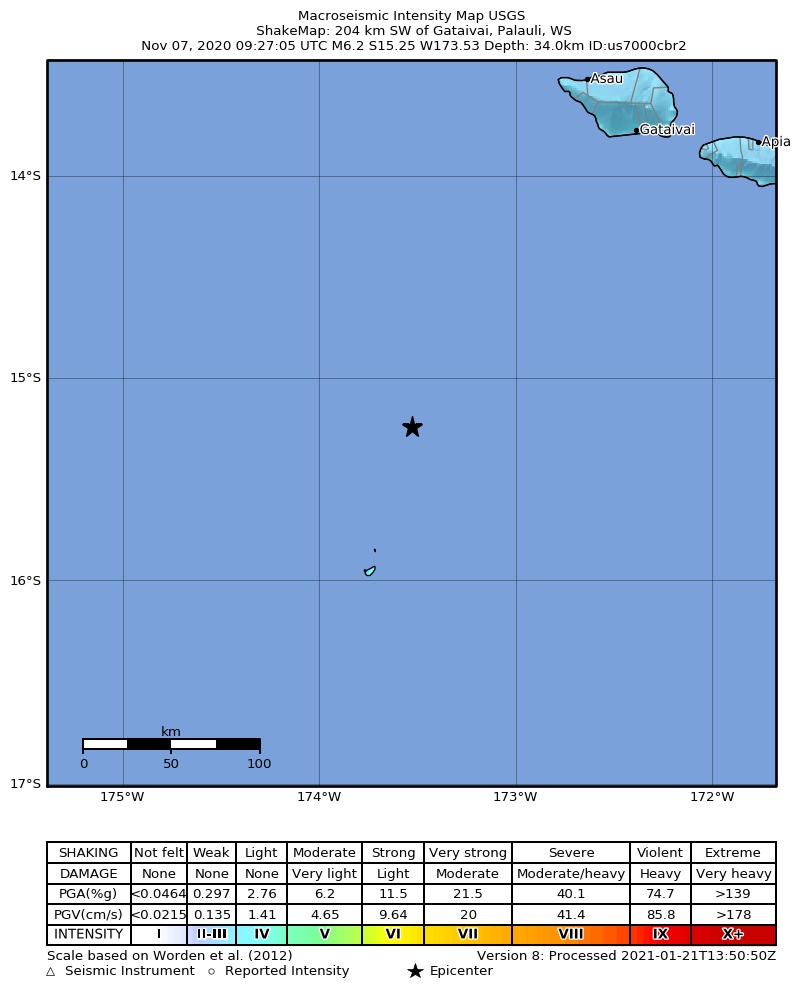 USGS ShakeMap: estimated shaking intensity around the epicenter