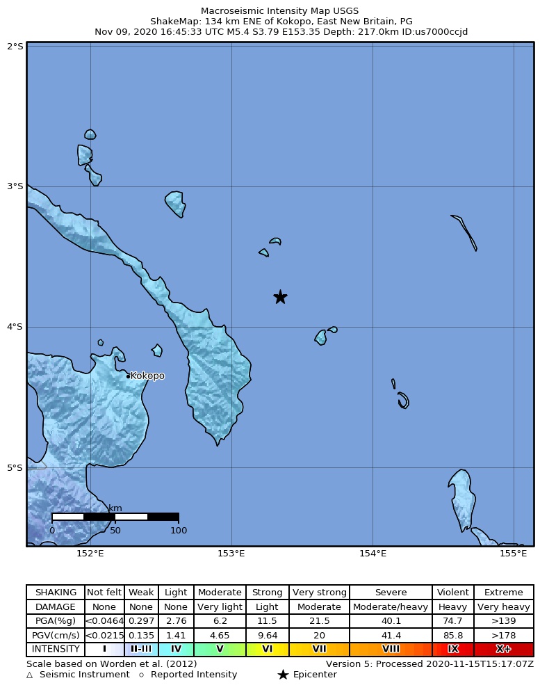 USGS ShakeMap intensity contours for the M5.4 earthquake near 134 km ENE of Kokopo, Papua New Guinea