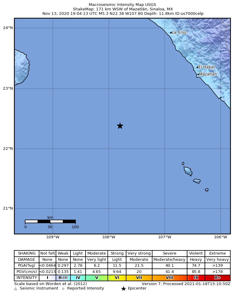 USGS ShakeMap intensity contours for the M5.3 earthquake near 171 km WSW of Mazatlán, Mexico