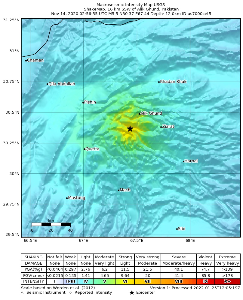 USGS ShakeMap intensity contours for the M5.5 earthquake near 16 km SSW of Alik Ghund, Pakistan