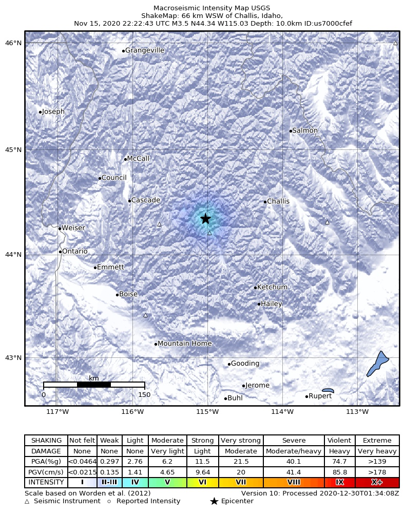 USGS ShakeMap intensity contours for the M3.5 earthquake near 15 km NNW of Stanley, Idaho