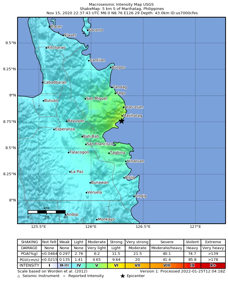 USGS ShakeMap intensity contours for the M6.0 earthquake near 5 km S of Marihatag, Philippines