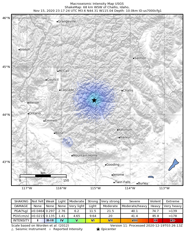 USGS ShakeMap intensity contours for the M3.6 earthquake near 13 km NW of Stanley, Idaho