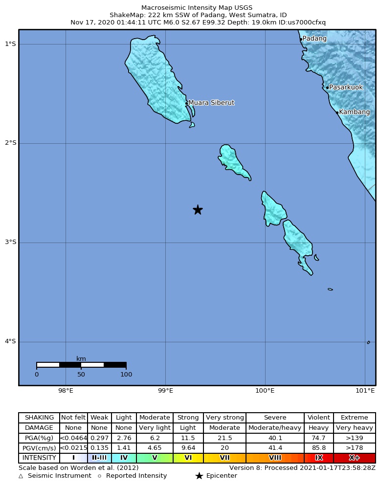 USGS ShakeMap intensity contours for the M6.0 earthquake near 222 km SSW of Padang, Indonesia