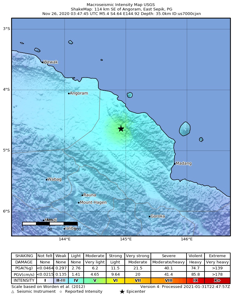 USGS ShakeMap intensity contours for the M5.4 earthquake near 114 km SE of Angoram, Papua New Guinea