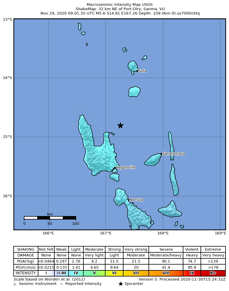 USGS ShakeMap intensity contours for the M5.6 earthquake near 36 km NNE of Port-Olry, Vanuatu