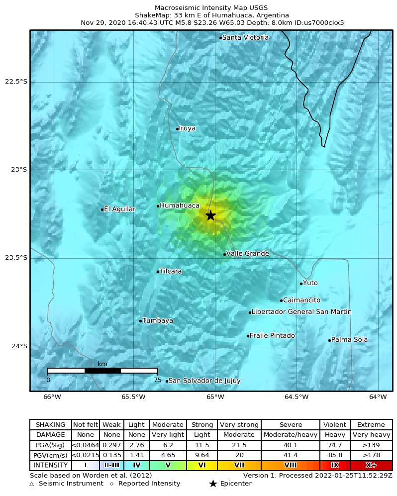 USGS ShakeMap intensity contours for the M5.8 earthquake near 33 km E of Humahuaca, Argentina