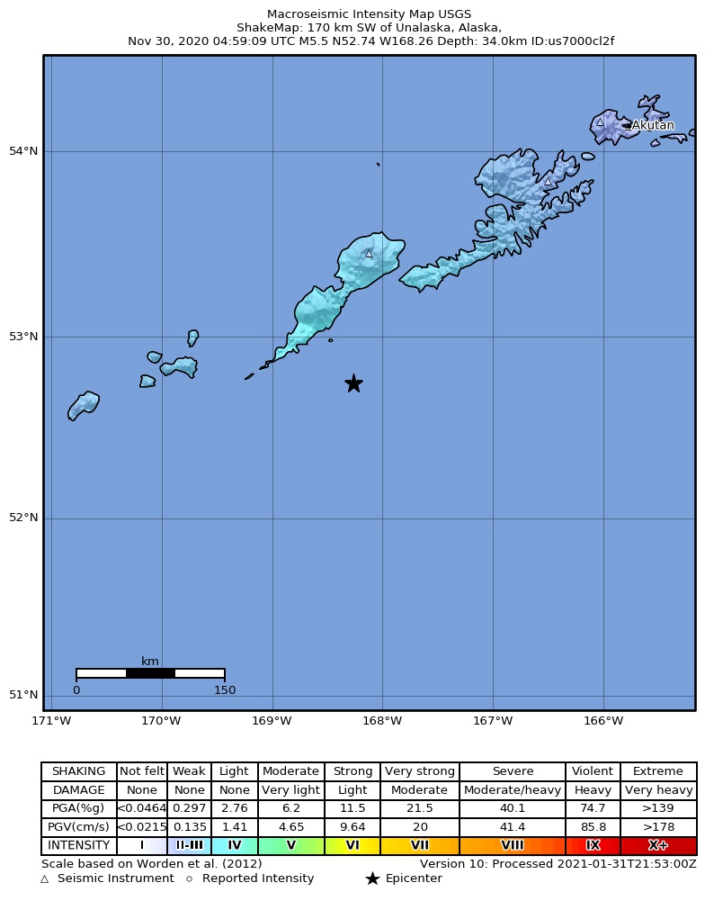 USGS ShakeMap: estimated shaking intensity around the epicenter