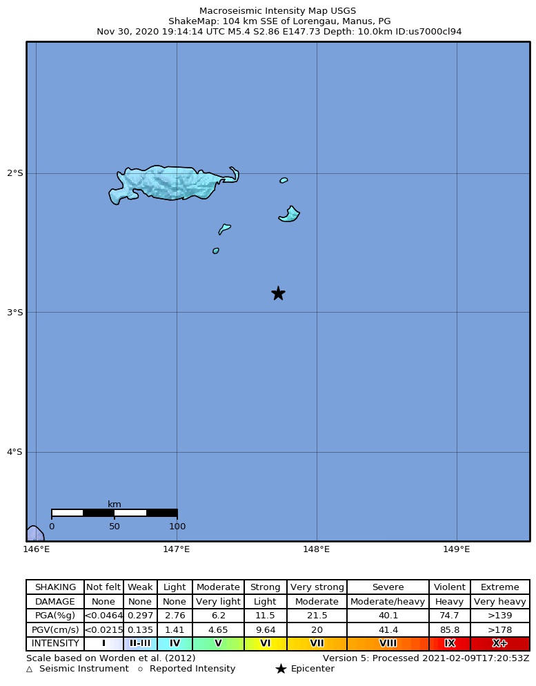 USGS ShakeMap intensity contours for the M5.4 earthquake near 104 km SSE of Lorengau, Papua New Guinea