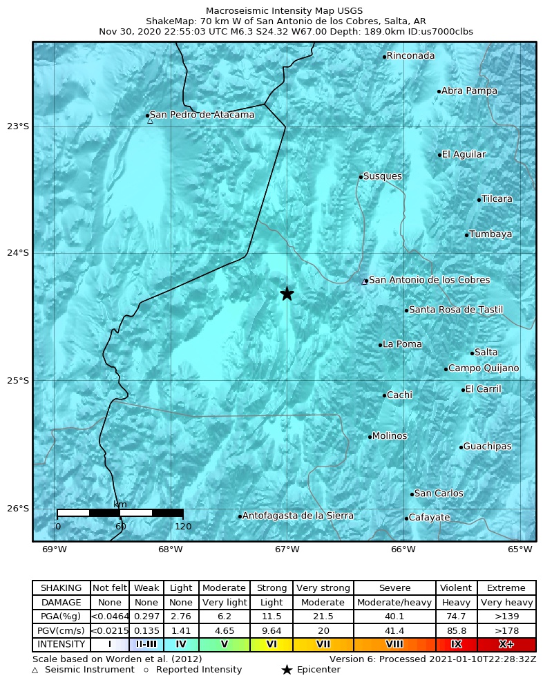 USGS ShakeMap intensity contours for the M6.3 earthquake near 70 km W of San Antonio de los Cobres, Argentina