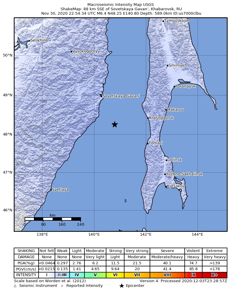 USGS ShakeMap intensity contours for the M6.4 earthquake near 88 km SSE of Sovetskaya Gavan’, Russia