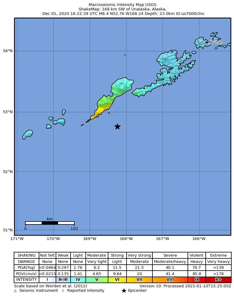 USGS ShakeMap intensity contours for the M6.4 earthquake near 46 km ESE of Nikolski, Alaska