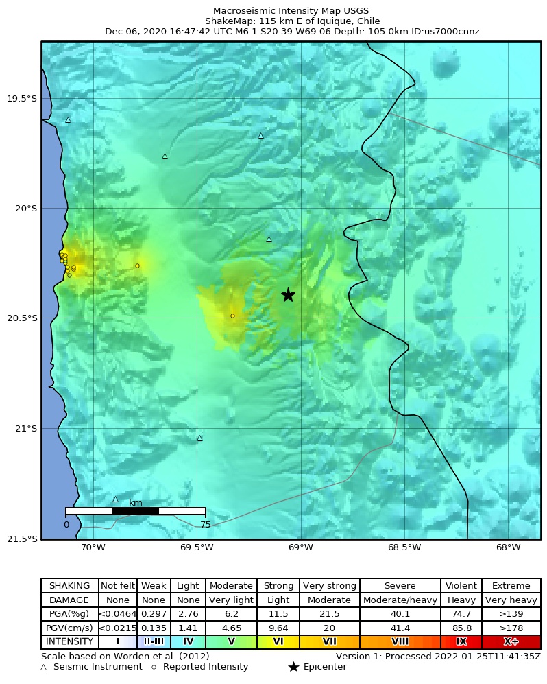 USGS ShakeMap: estimated shaking intensity around the epicenter