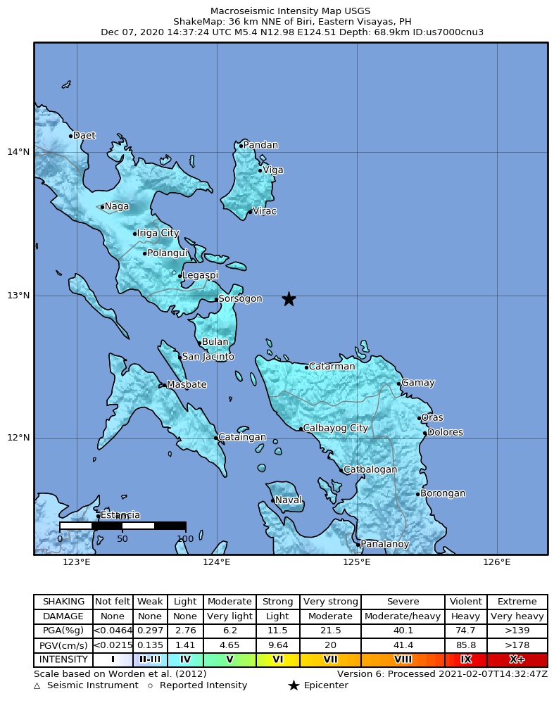 USGS ShakeMap intensity contours for the M5.4 earthquake near 36 km NNE of Biri, Philippines