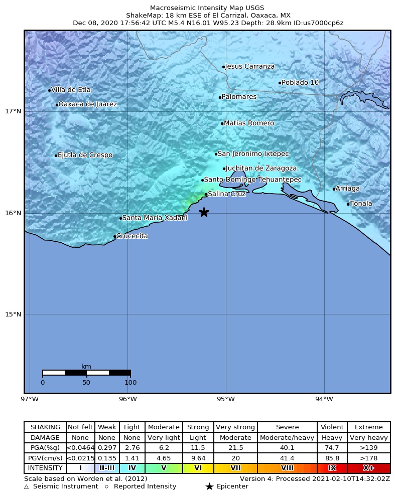 USGS ShakeMap intensity contours for the M5.4 earthquake near 18 km ESE of El Carrizal, Mexico