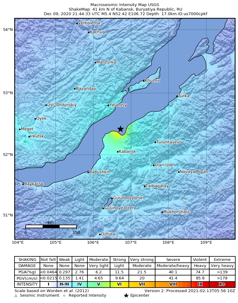 USGS ShakeMap intensity contours for the M5.4 earthquake near 41 km N of Kabansk, Russia