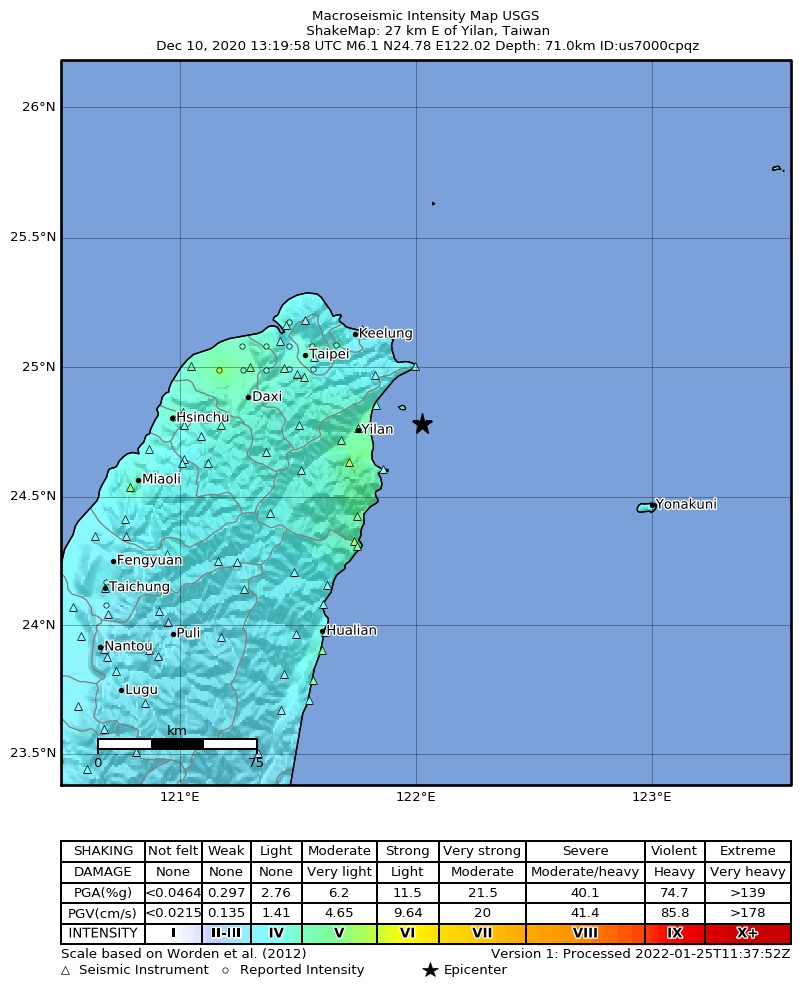 USGS ShakeMap intensity contours for the M6.1 earthquake near 27 km E of Yilan, Taiwan