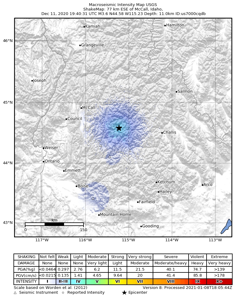 USGS ShakeMap intensity contours for the M3.6 earthquake near 46 km NNW of Stanley, Idaho