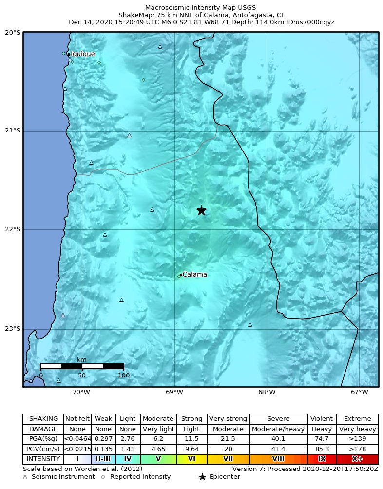 USGS ShakeMap: estimated shaking intensity around the epicenter