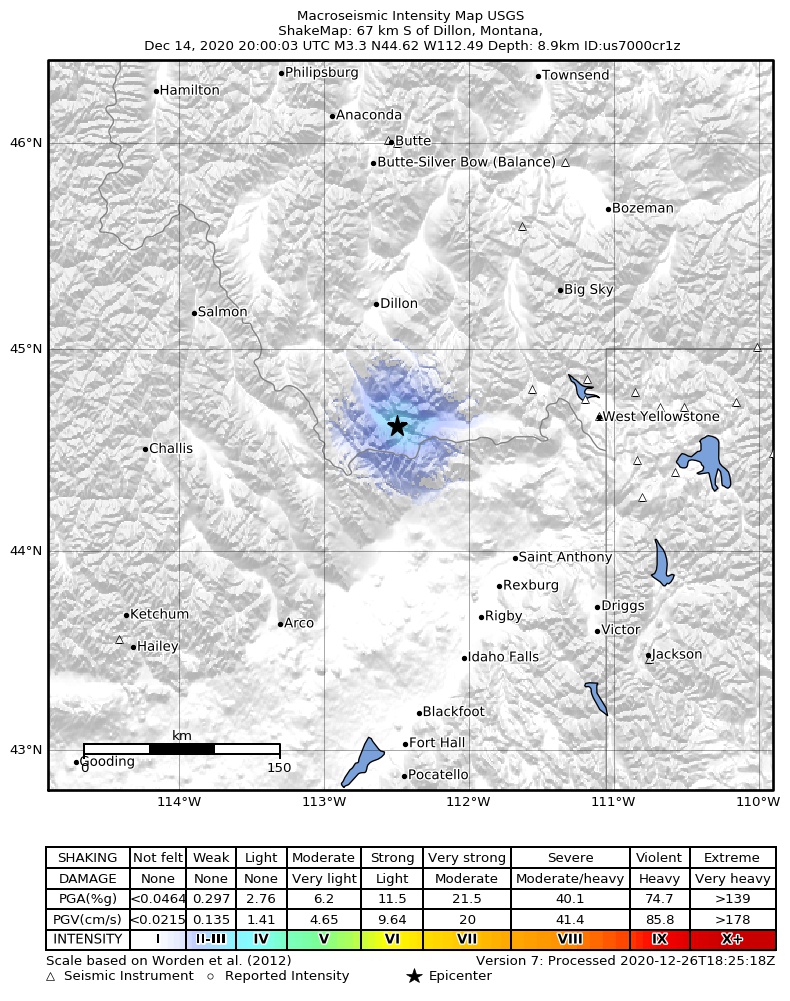 USGS ShakeMap intensity contours for the M3.3 earthquake near 8 km ESE of Lima, Montana