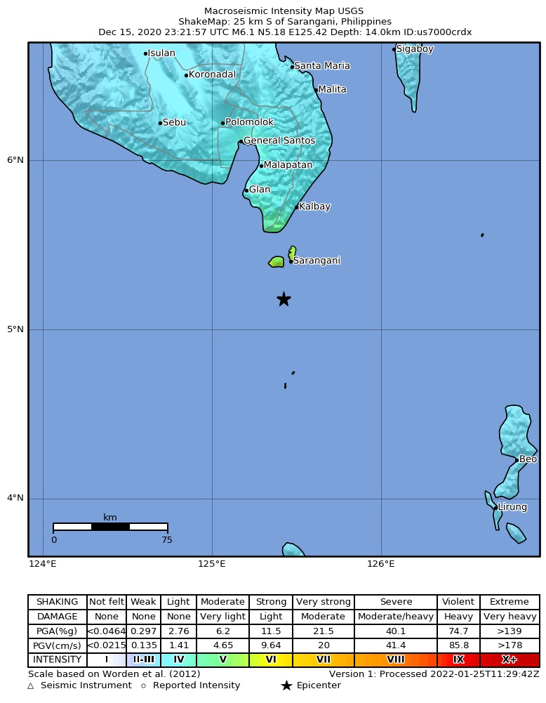 USGS ShakeMap intensity contours for the M6.1 earthquake near 25 km S of Sarangani, Philippines