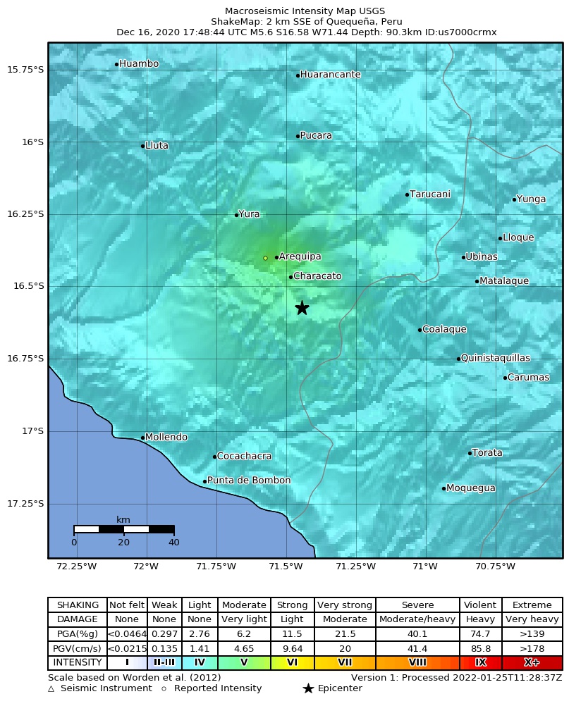 USGS ShakeMap intensity contours for the M5.6 earthquake near 2 km SSE of Quequeña, Peru