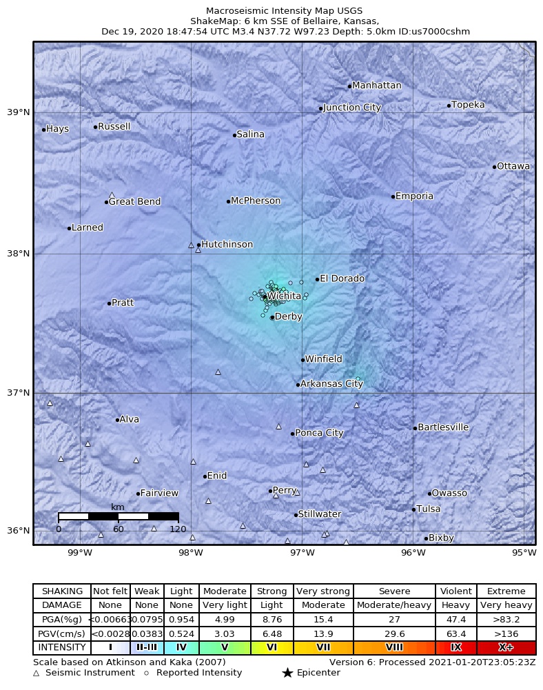 USGS ShakeMap intensity contours for the M3.4 earthquake near 4 km NE of Eastborough, Kansas
