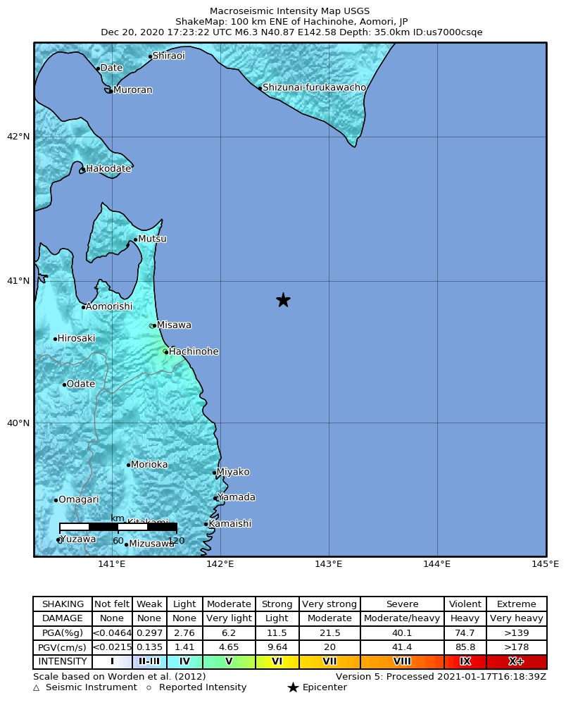 USGS ShakeMap intensity contours for the M6.3 earthquake near 100 km ENE of Hachinohe, Japan
