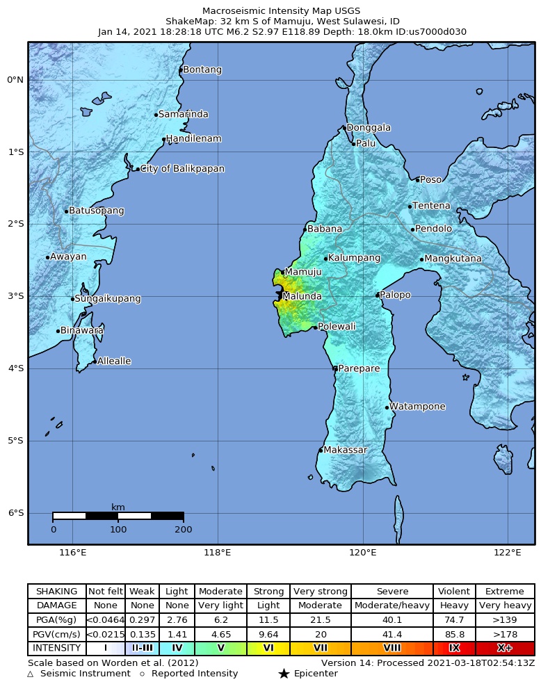USGS ShakeMap intensity contours for the M6.2 earthquake near 32 km S of Mamuju, Indonesia