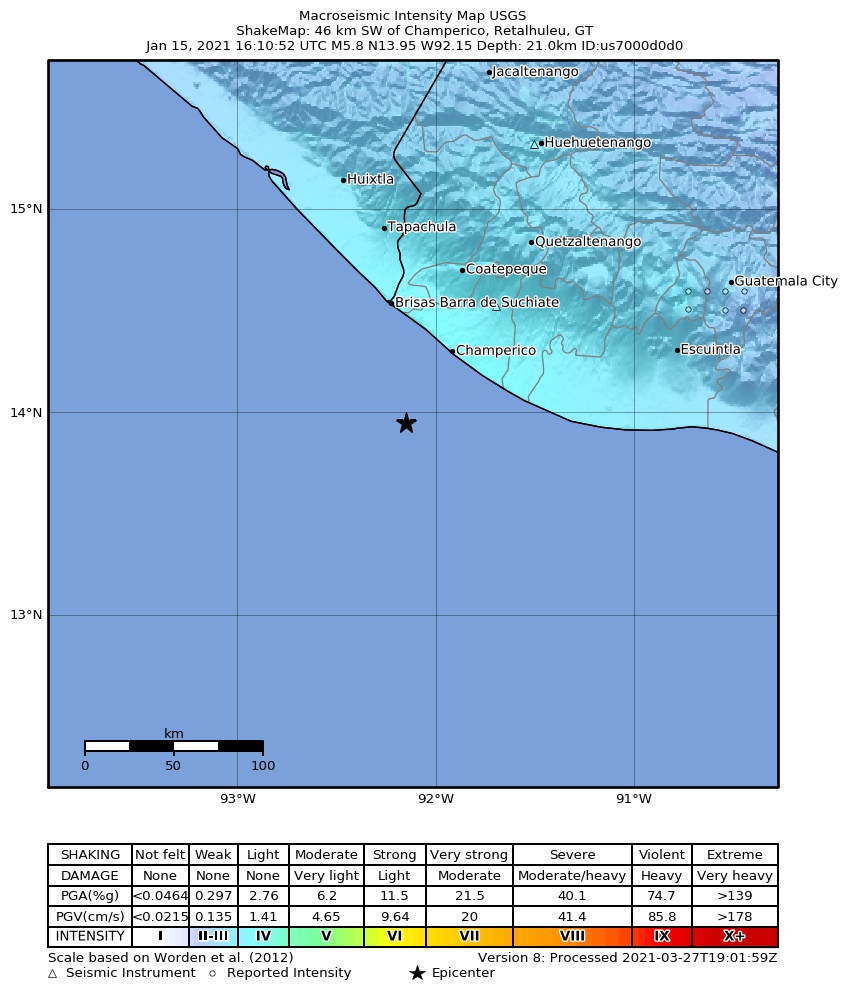 USGS ShakeMap intensity contours for the M5.8 earthquake near 46 km SW of Champerico, Guatemala