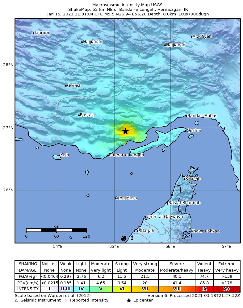 USGS ShakeMap intensity contours for the M5.5 earthquake near 52 km NE of Bandar-e Lengeh, Iran