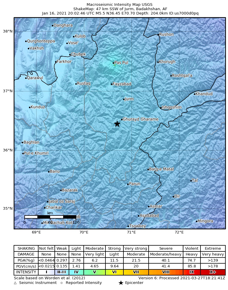 USGS ShakeMap intensity contours for the M5.5 earthquake near 47 km SSW of Jurm, Afghanistan