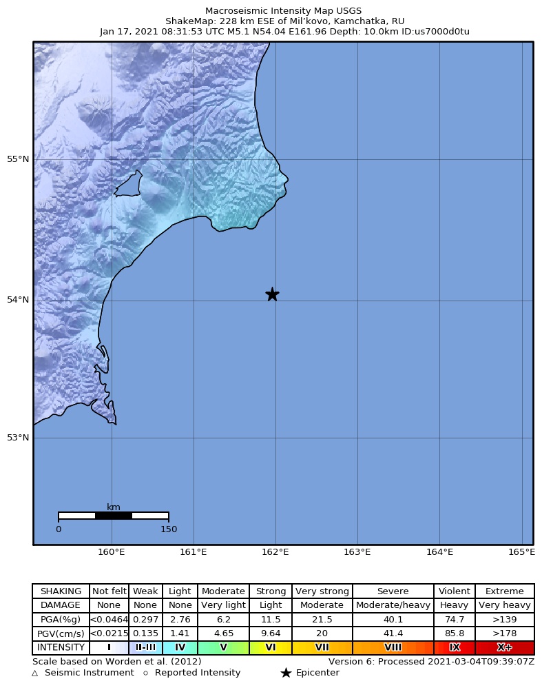 USGS ShakeMap intensity contours for the M5.1 earthquake near 228 km ESE of Mil’kovo, Russia