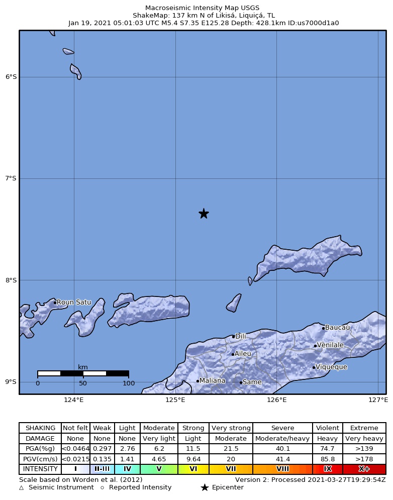 USGS ShakeMap intensity contours for the M5.4 earthquake near 137 km N of Likisá, Timor Leste