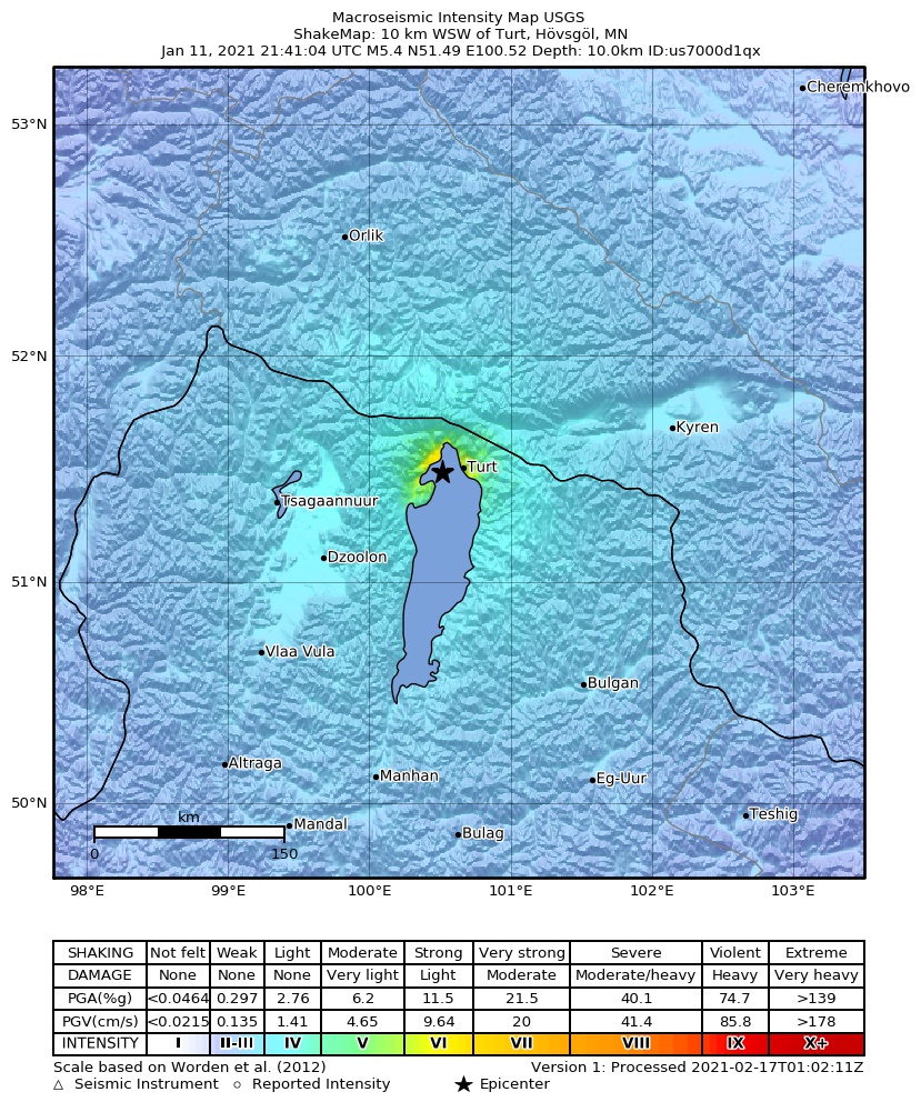 USGS ShakeMap intensity contours for the M5.4 earthquake near 10 km WSW of Turt, Mongolia