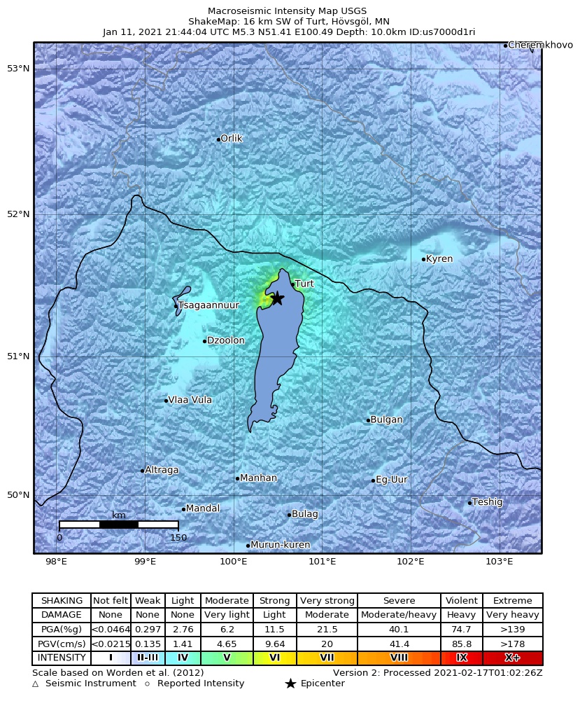 USGS ShakeMap intensity contours for the M5.3 earthquake near 16 km SW of Turt, Mongolia