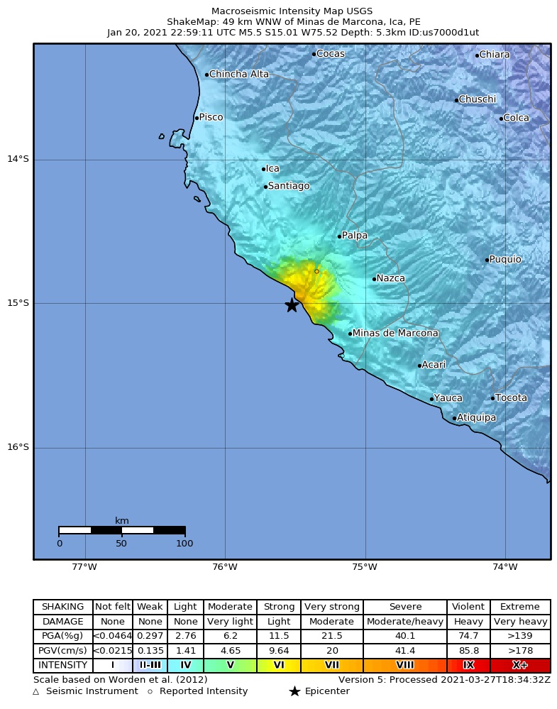 USGS ShakeMap intensity contours for the M5.5 earthquake near 49 km WNW of Minas de Marcona, Peru