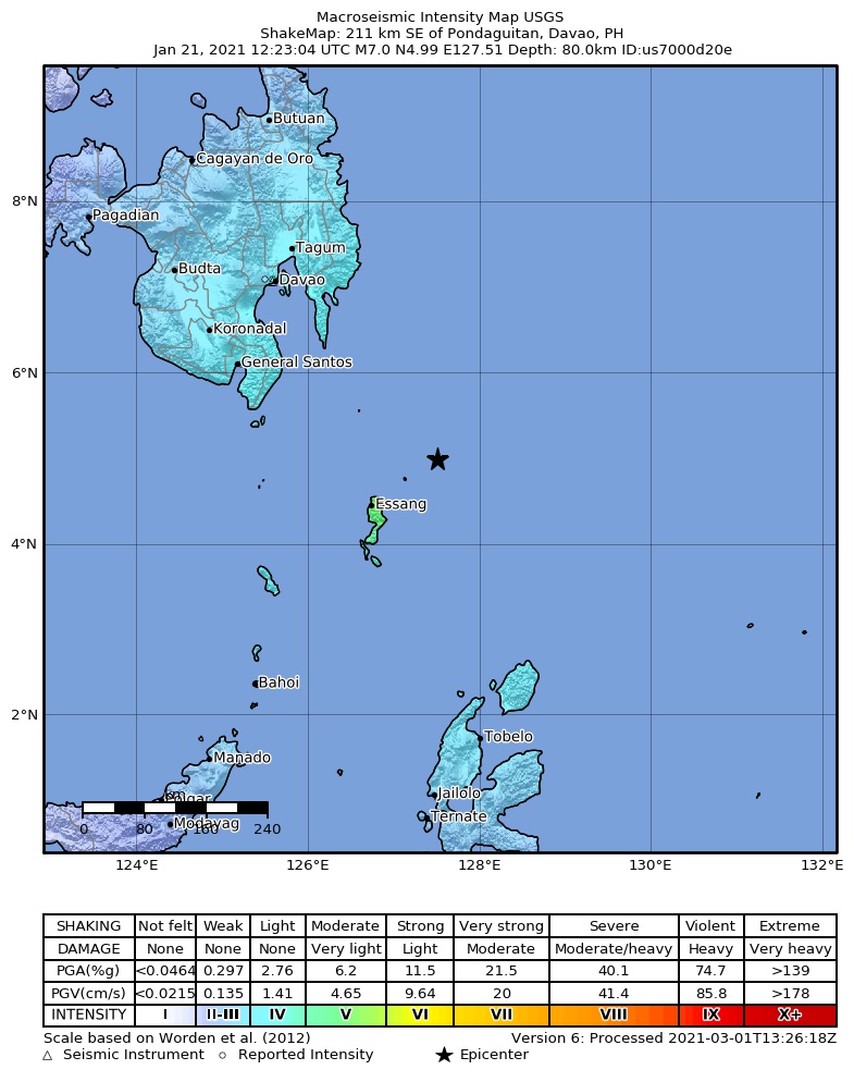 USGS ShakeMap intensity contours for the M7.0 earthquake near 211 km SE of Pondaguitan, Philippines