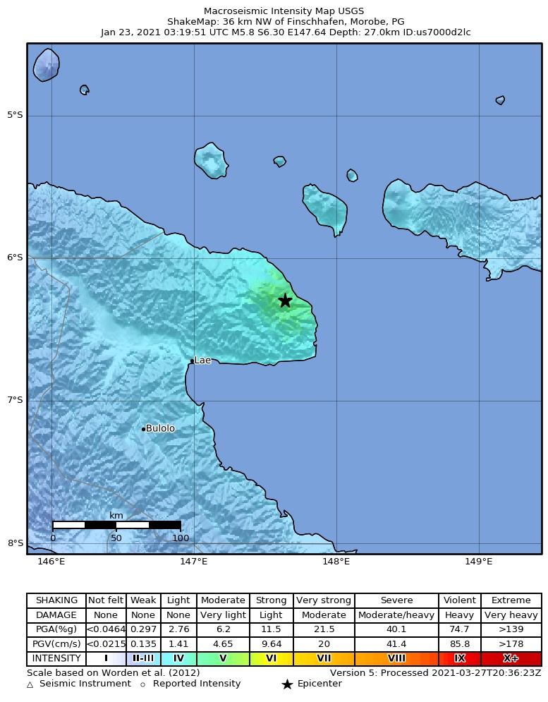 USGS ShakeMap intensity contours for the M5.8 earthquake near 36 km NW of Finschhafen, Papua New Guinea
