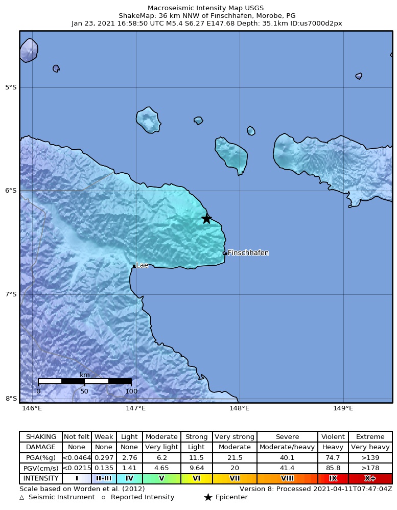 USGS ShakeMap intensity contours for the M5.4 earthquake near 36 km NNW of Finschhafen, Papua New Guinea