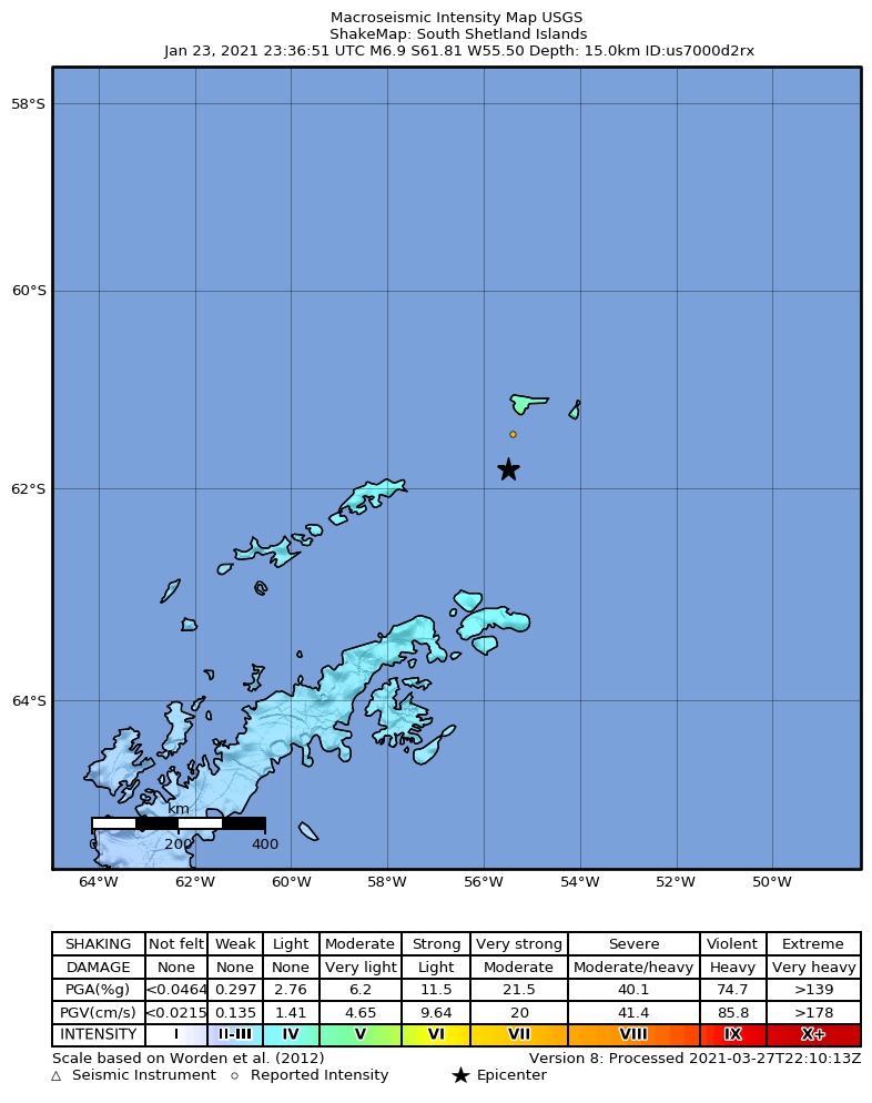 USGS ShakeMap intensity contours for the M6.9 earthquake near South Shetland Islands