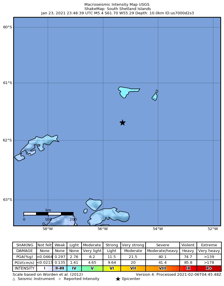 USGS ShakeMap intensity contours for the M5.4 earthquake near South Shetland Islands