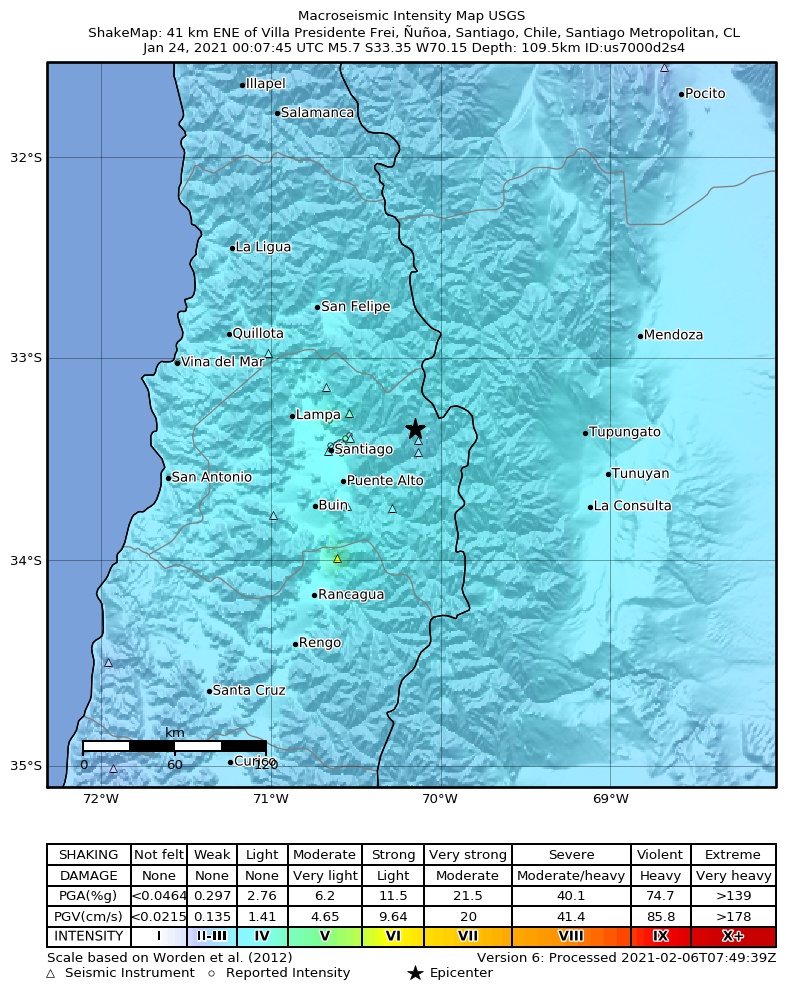 USGS ShakeMap intensity contours for the M5.7 earthquake near 41 km ENE of Villa Presidente Frei, Ñuñoa, Santiago, Chile, Chile