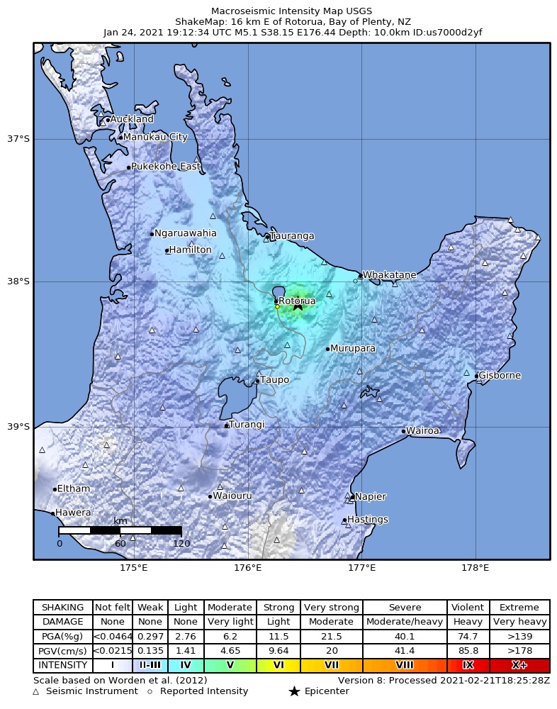 USGS ShakeMap intensity contours for the M5.1 earthquake near 16 km E of Rotorua, New Zealand