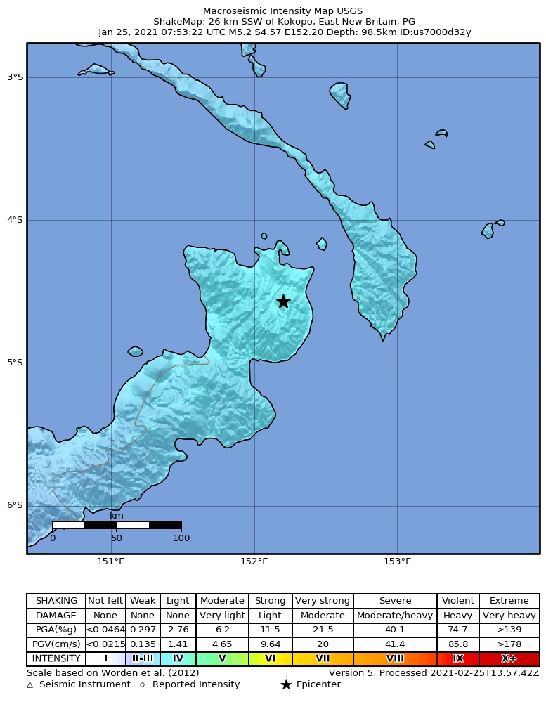 USGS ShakeMap intensity contours for the M5.2 earthquake near New Britain region, Papua New Guinea
