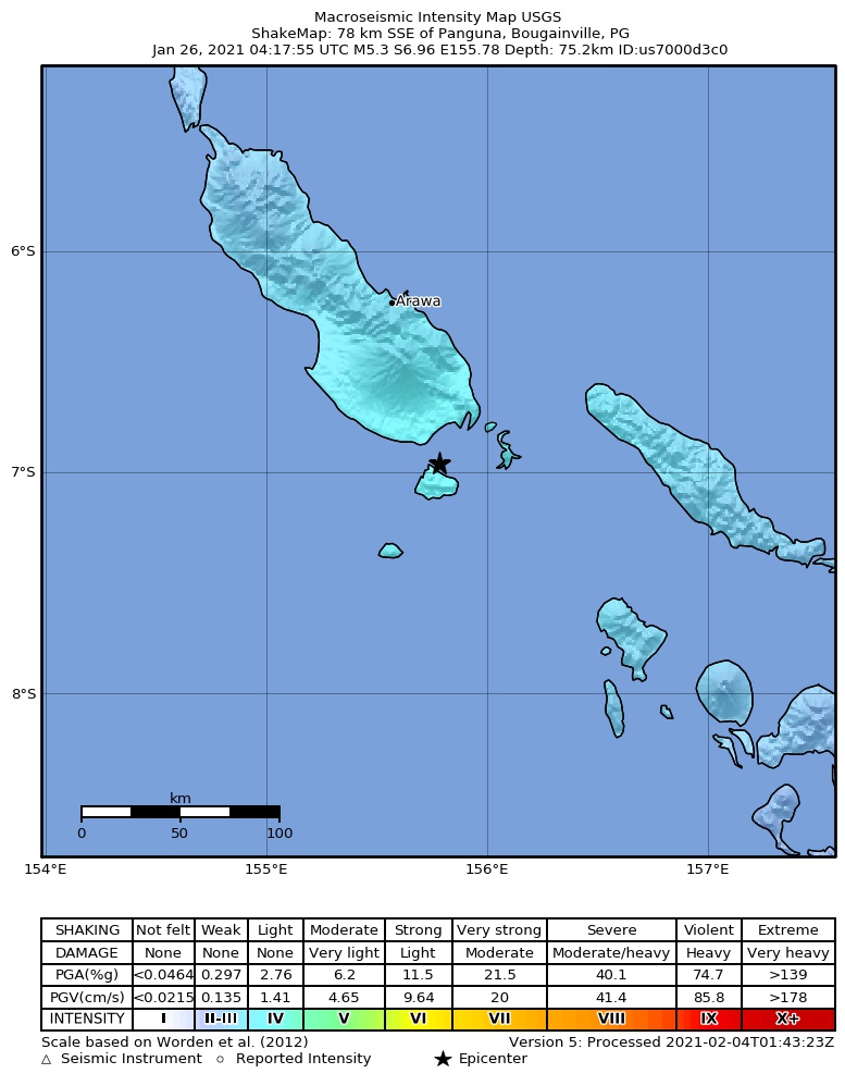 USGS ShakeMap intensity contours for the M5.3 earthquake near 78 km SSE of Panguna, Papua New Guinea