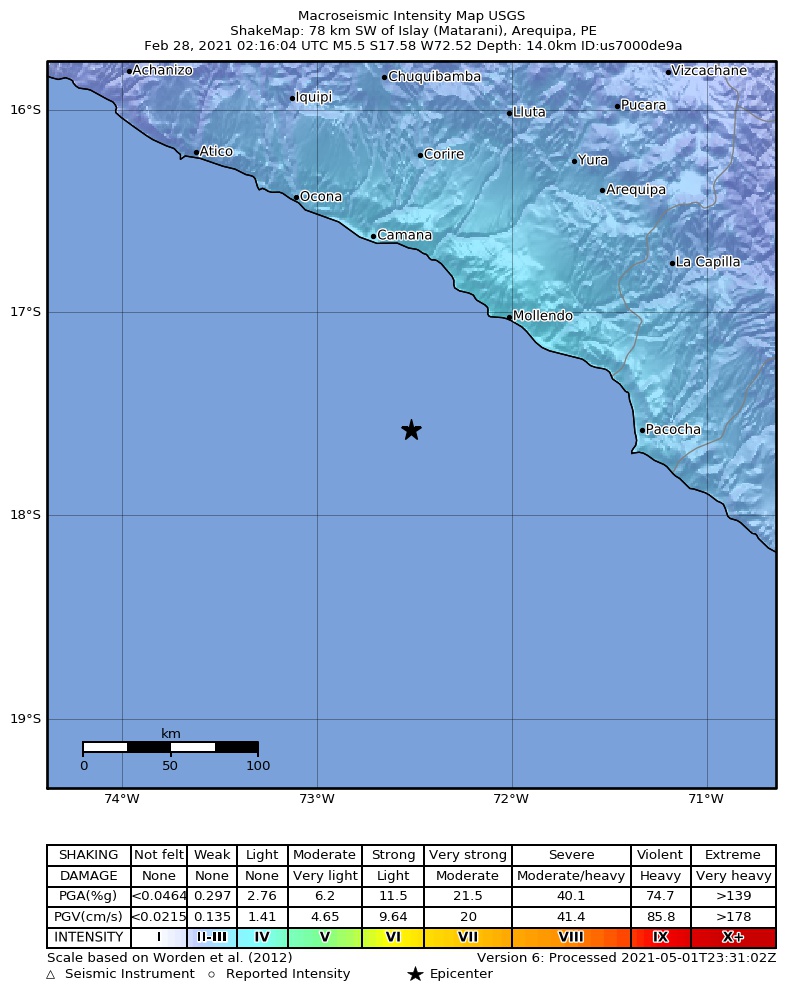 USGS ShakeMap intensity contours for the M5.5 earthquake near 78 km SW of Islay (Matarani), Peru